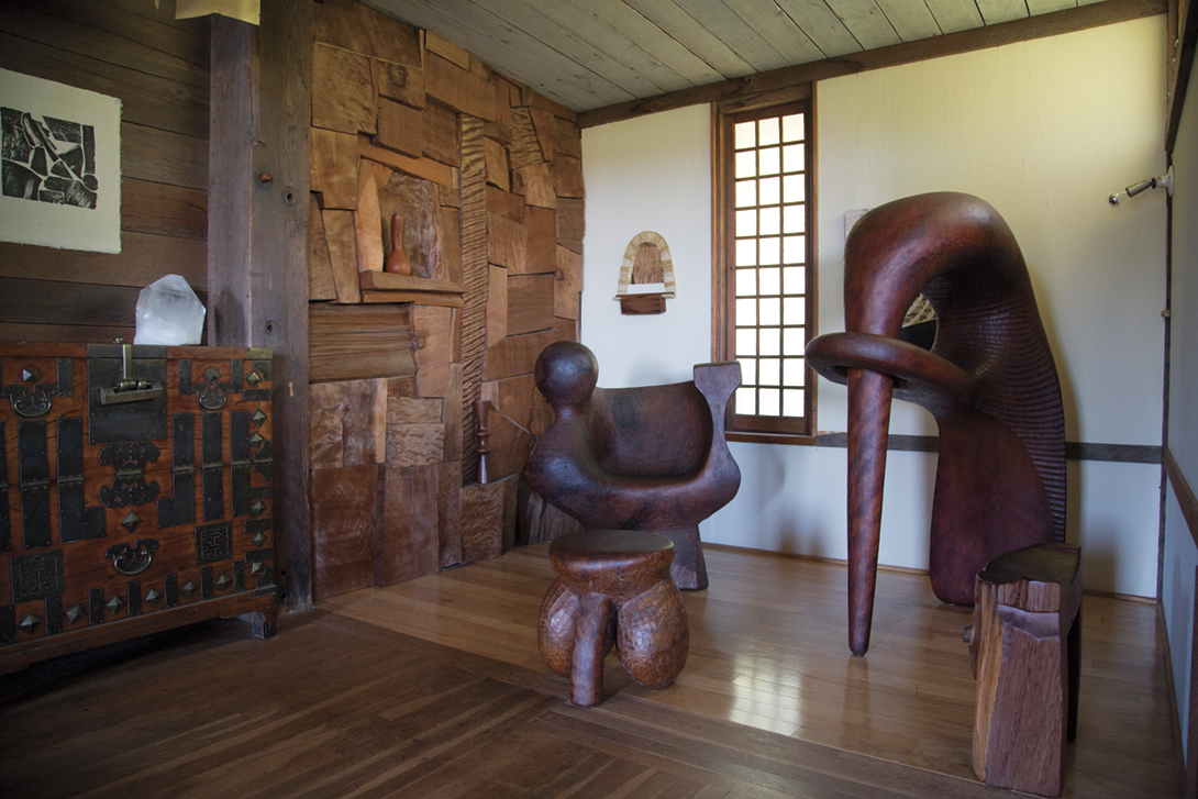 Interior views of J.B. Blunk’s hand-built home in Inverness and nature inspired sculpture.