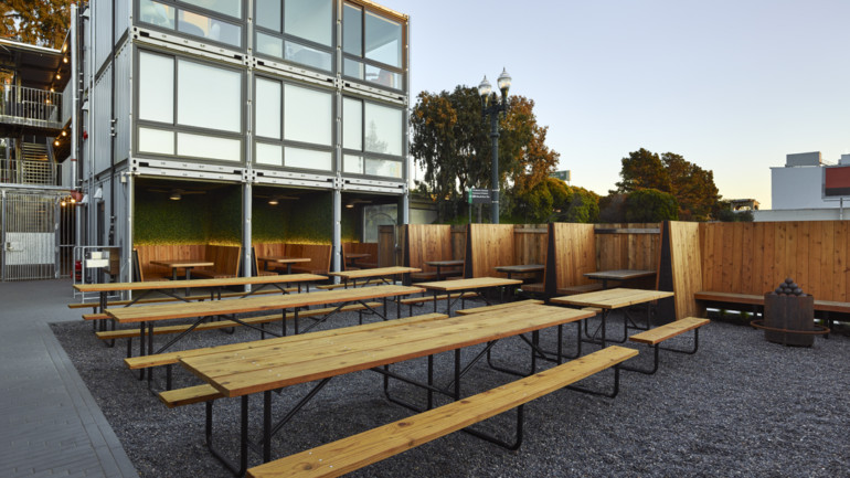 The cool new Arthur Mac’s Tap & Snack restaurant near the MacArthur BART station with bench designed by Ben Frombgen.