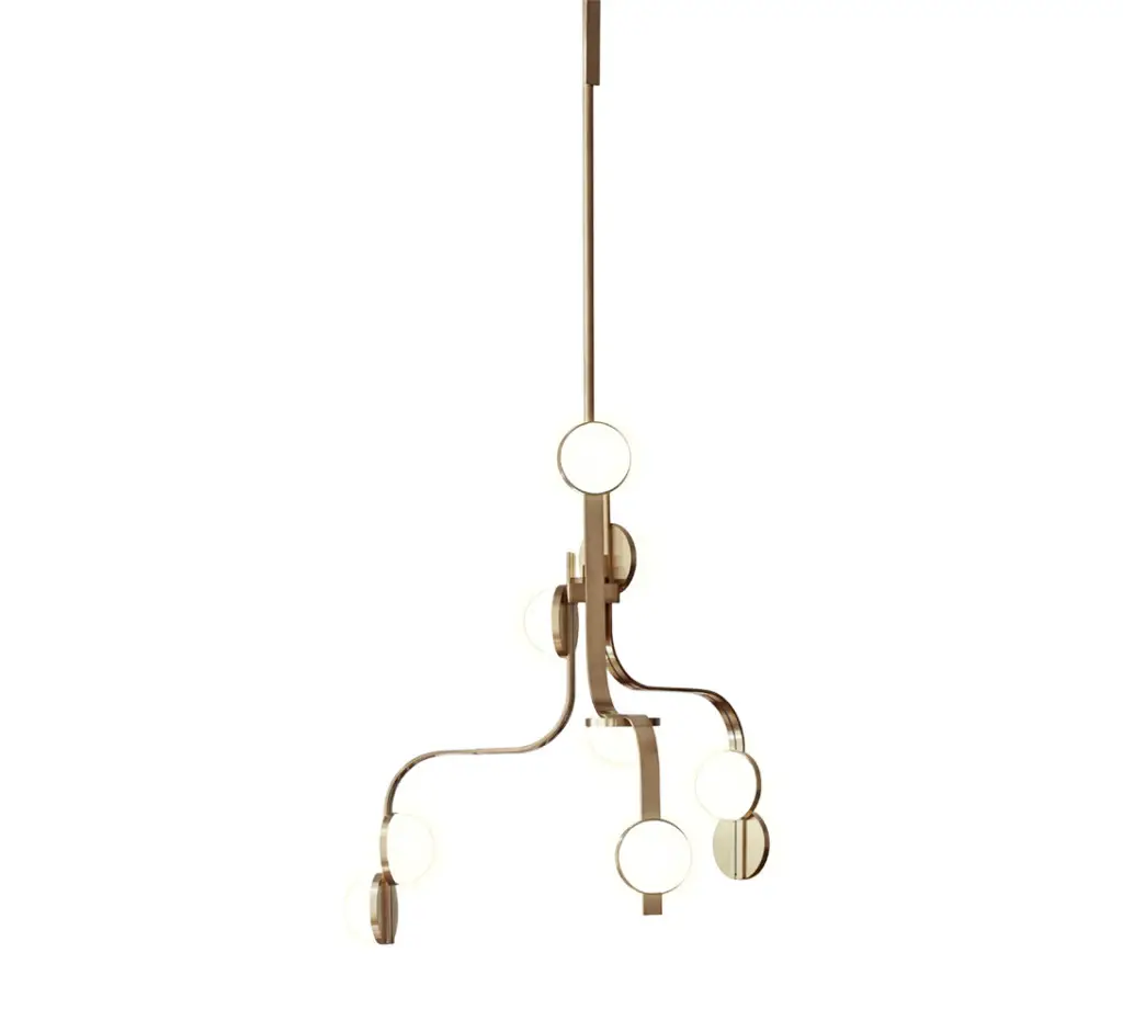 Script lamps have several frosted glass hemi- spherical dome lights attached to flat brass plates.