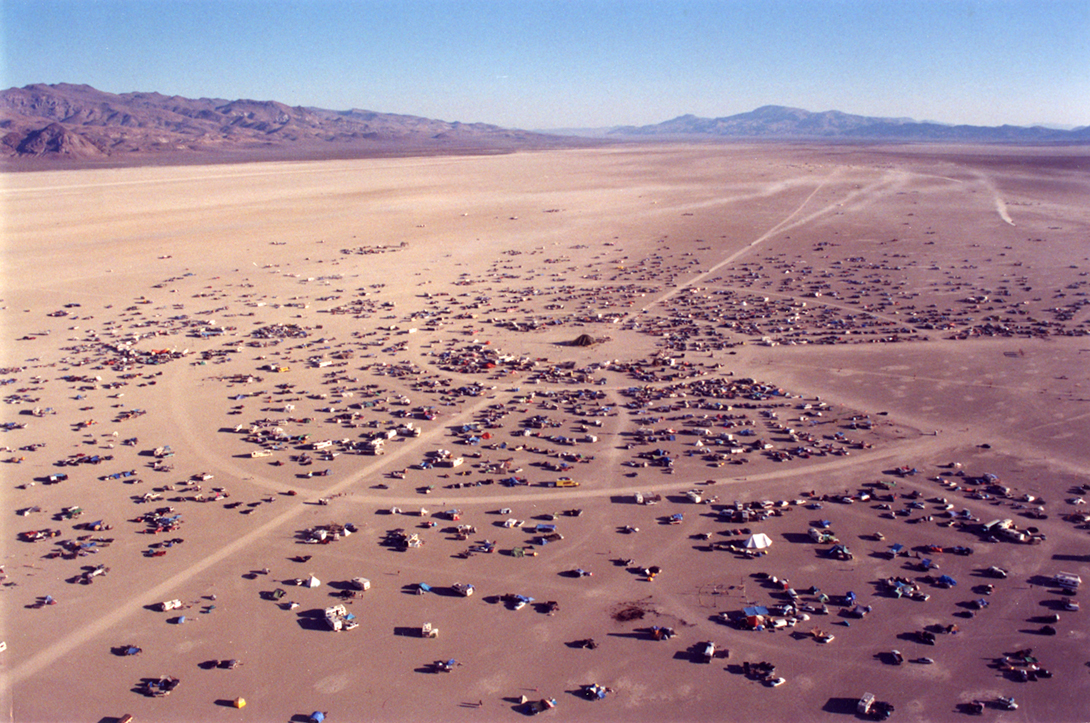 A 1996 aerial view of Burning Man's Black Rock City 