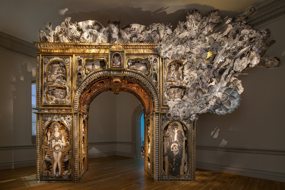 Artists Michael Garlington and Natalia Bertoli created “The Paper Arch,” 2018, an elaborate collaged construction. 