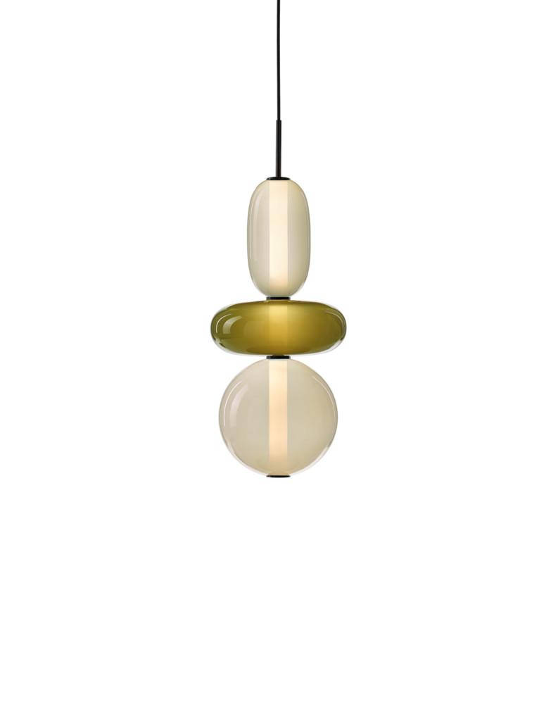 PEBBLES pendant features an LED lamp made from handblown Czech crystals