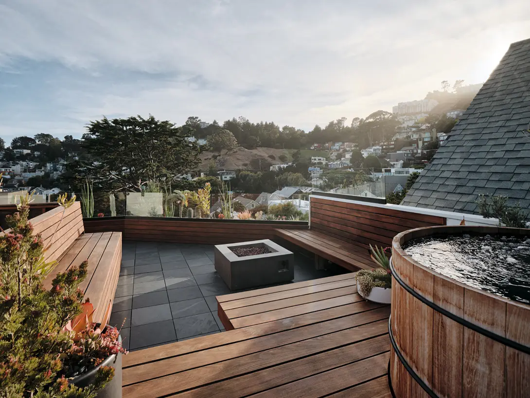  built-in benches on the rooftop deck, where there’s a red cedar hot tub