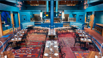 Palette’s main dining room, created originally for Restaurant LuLu, is vivified with color transformed into a restaurant gallery.