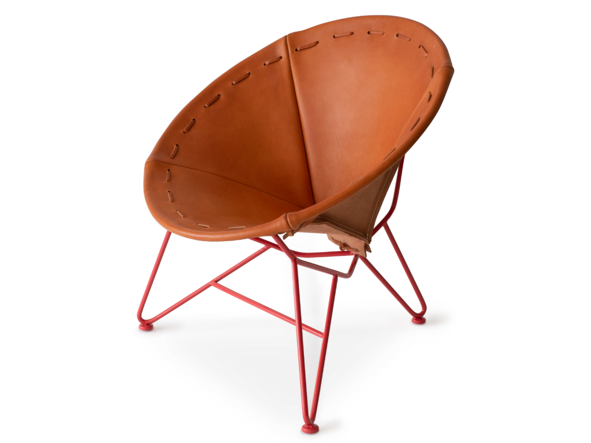 Saddle Leather Round Chair in Natural with Strawberry Red Base by Garza Marfa