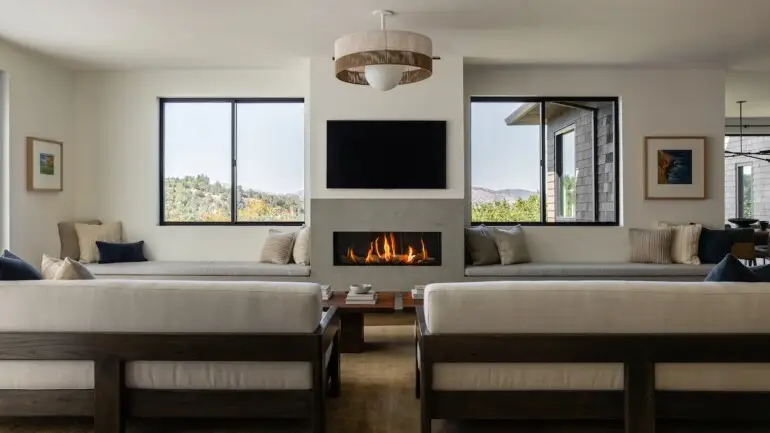 Toyon Drive Home, Kentfield interior with couch and fireplace