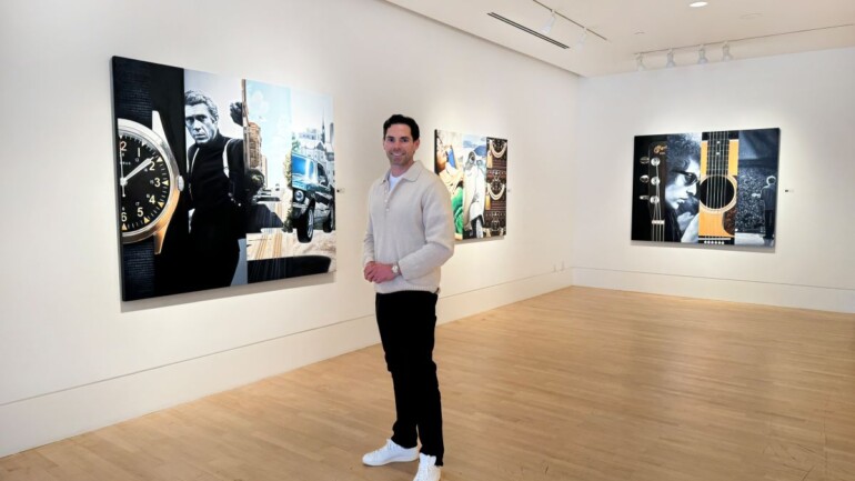 Artist Ryan Jones stands beside a painting featuring Sean Connery as James Bond, with a Rolex watch and an Aston Martin, at his solo exhibition.