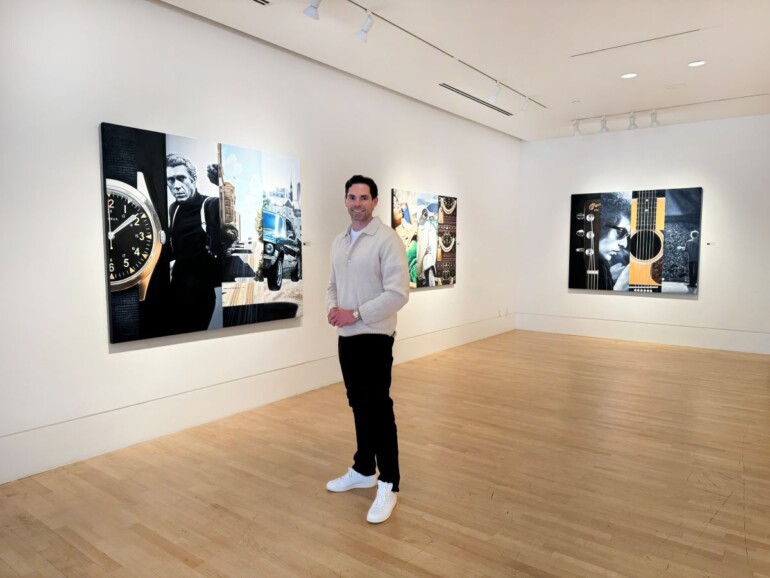 Artist Ryan Jones stands beside a painting featuring Sean Connery as James Bond, with a Rolex watch and an Aston Martin, at his solo exhibition.