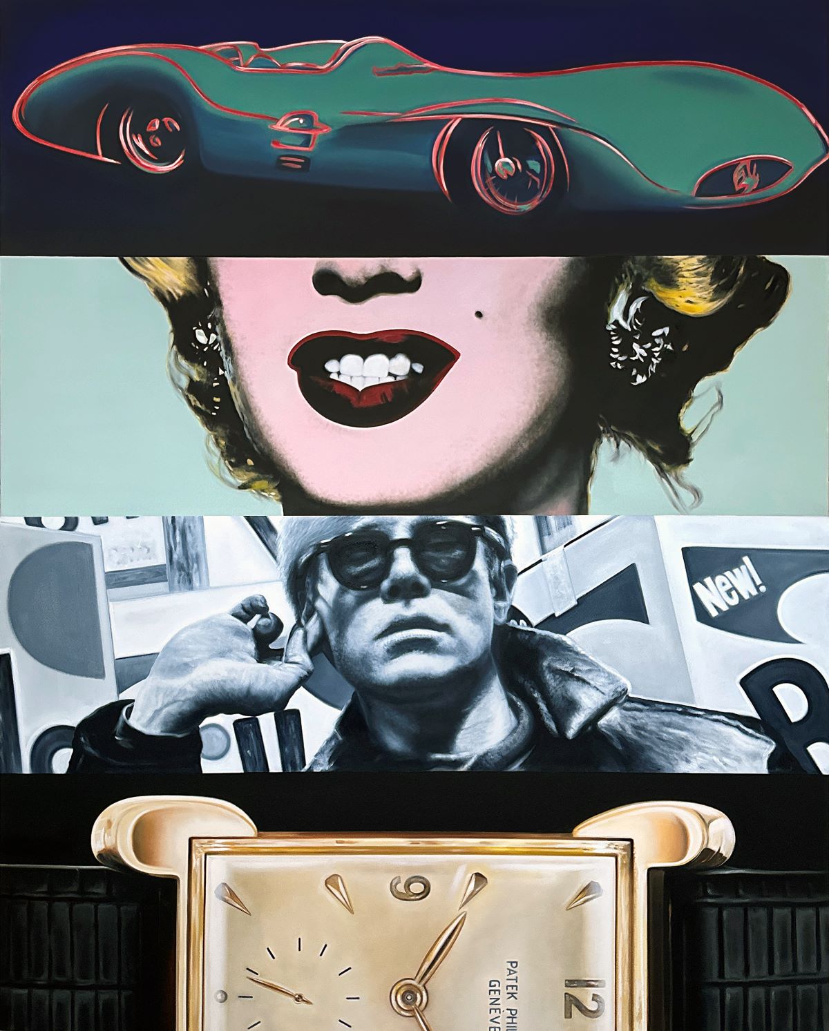 Close-up of a painting by Ryan Jones, showing a vintage car, Marilyn Monroe, Andy Warhol, and a Patek Philippe watch.
