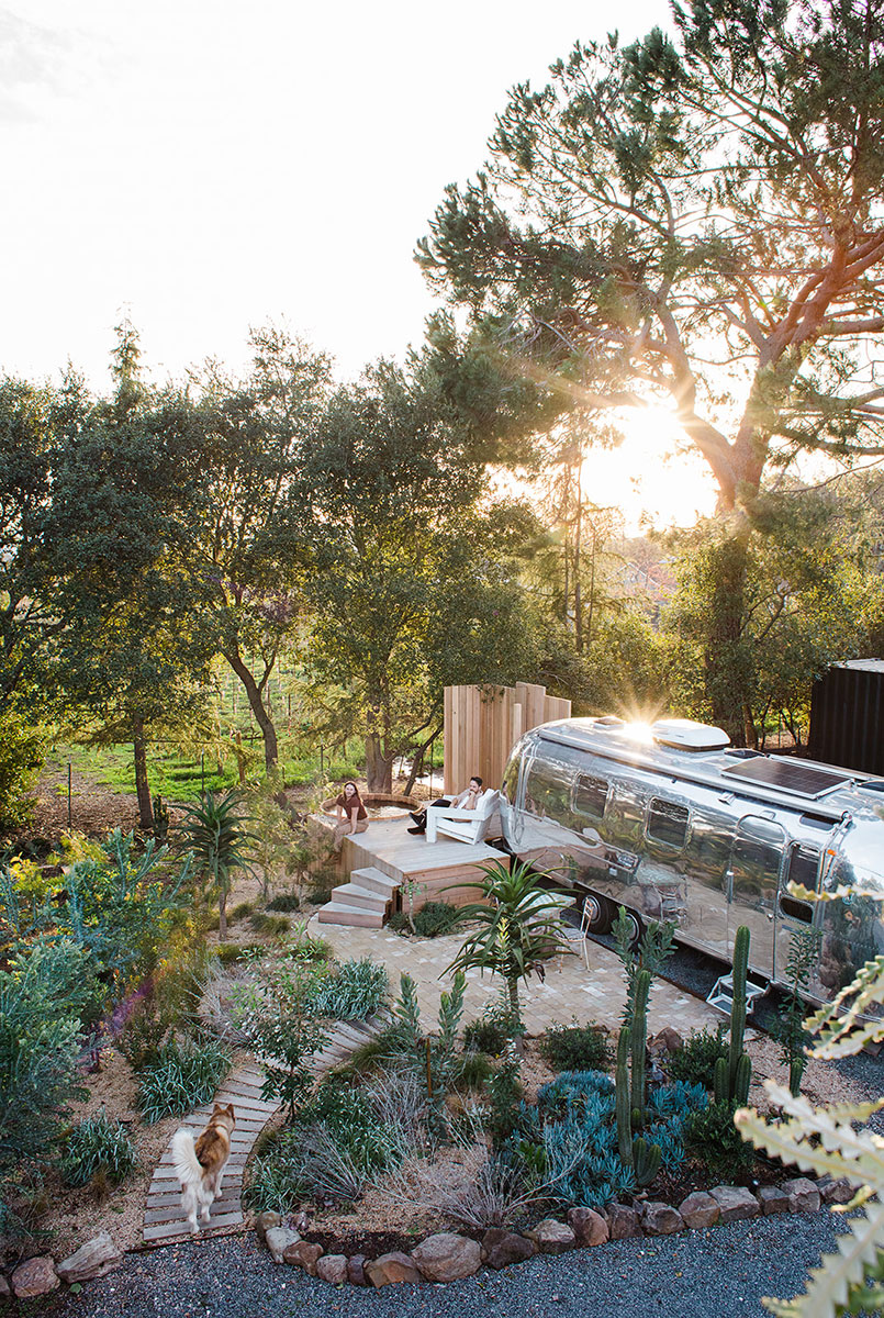 A bright garden featuring an Airstream trailer basking in the sunlight, surrounded by lush greenery and colorful flowers.