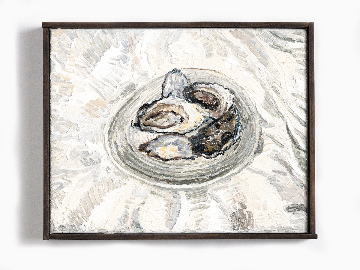 An artistic representation of oysters arranged in a bowl, highlighting their unique shapes and glossy surfaces.
