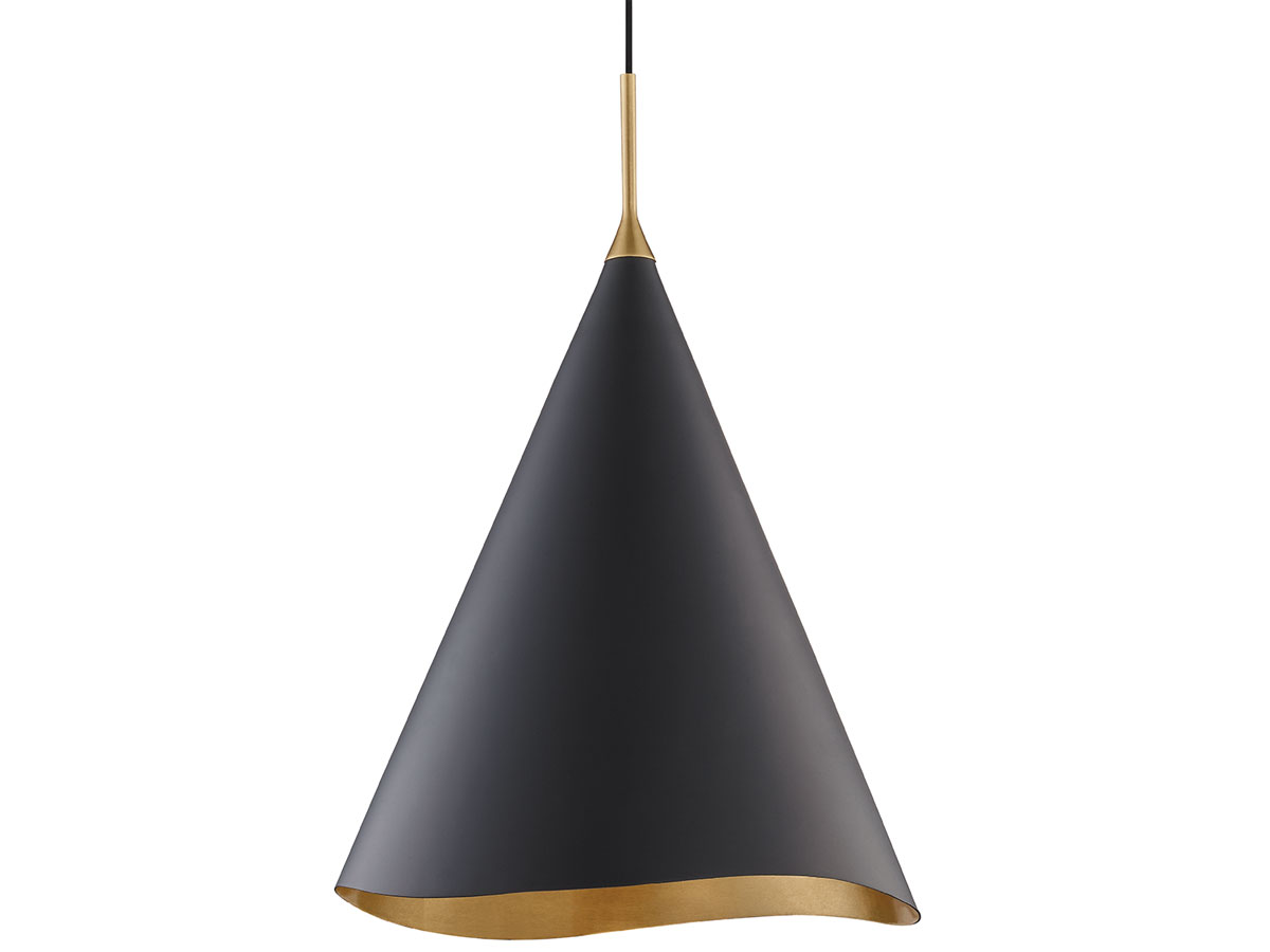 A black and gold pendant light featuring a sleek cone-shaped shade, adding elegance to any space.