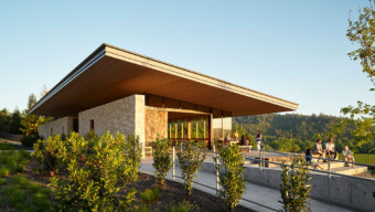 A modern building is nestled among lush green trees, creating a harmonious blend of architecture and nature.