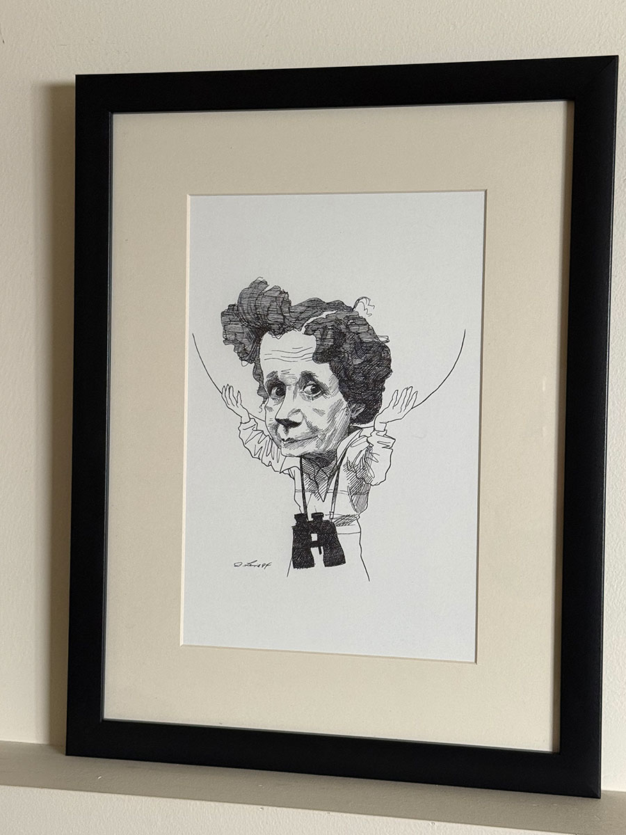 The caricature of Rachel Carson in a black frame
