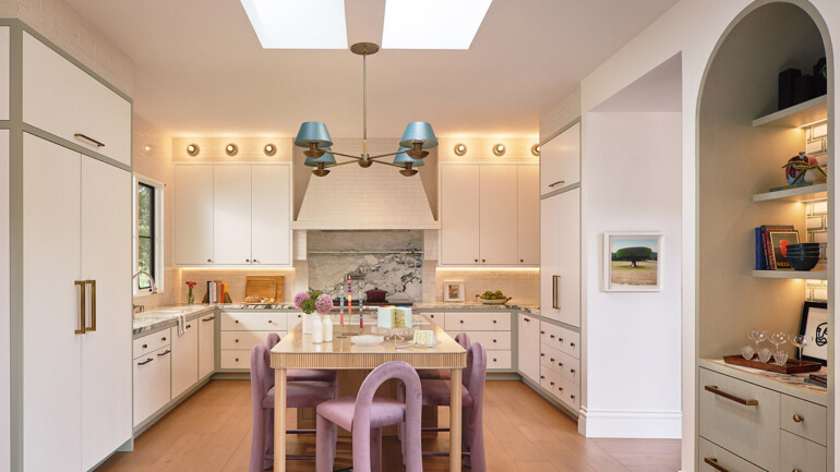 The focal point of the kitchen is the custom white oak and island — a modern interpretation of a classic English worktable.