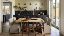 dining room table with blue wall background