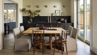dining room table with blue wall background