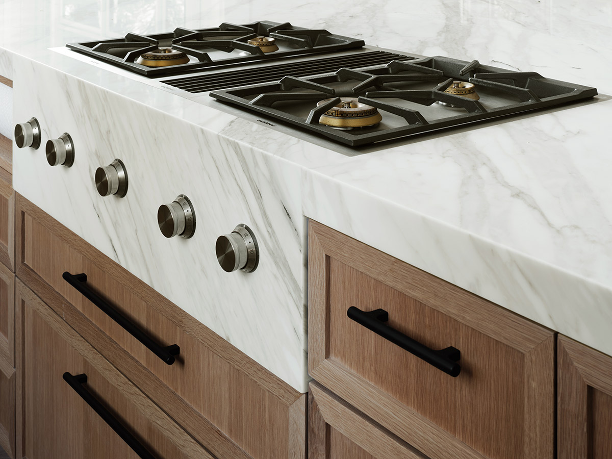 Historic Mill Valley Home, Kitchen, Gas cooktops and warm wood cabinetry below