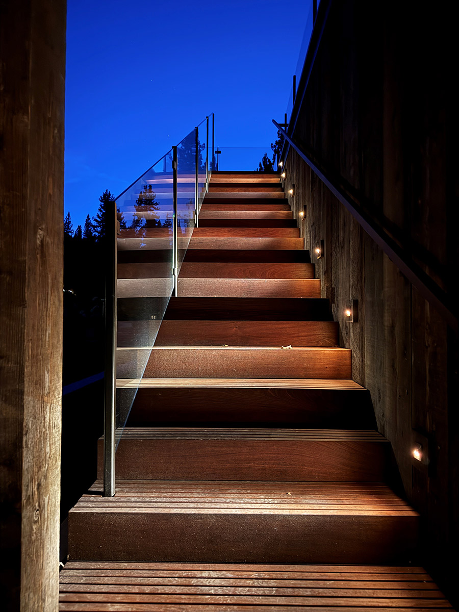 Lake aTahoe Cabana, Slatted-wood exterior staircase with a glass guardrail